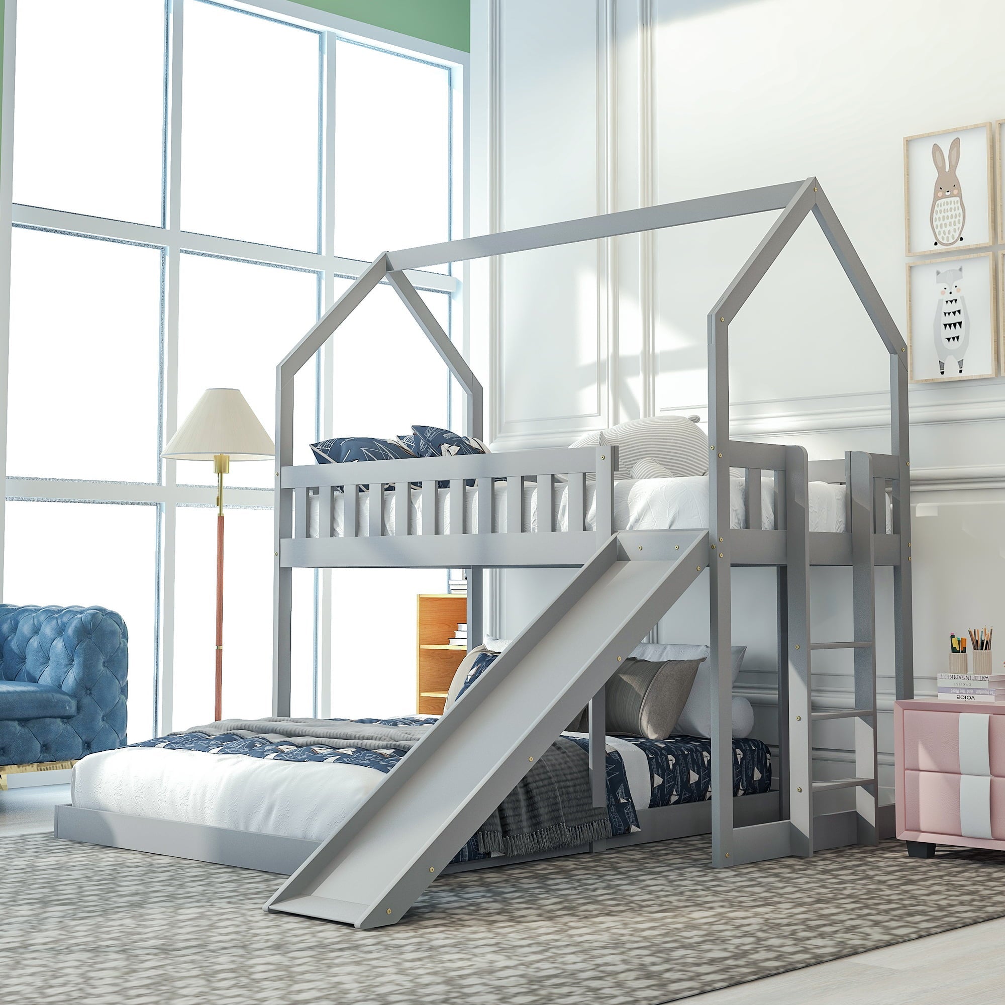 Modern Wood Twin over Full House Bunk Bed for Kids Bedroom, Gray