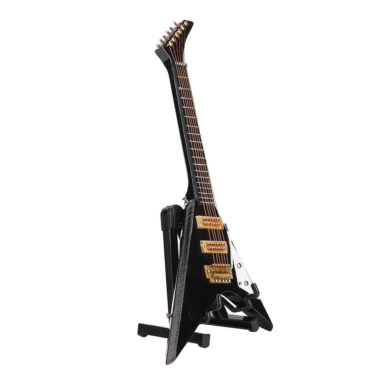 Wooden Miniature Electric Guitar with Stand Black Mini Musical Instrument Dollhouse Model Decoration 7.3in
