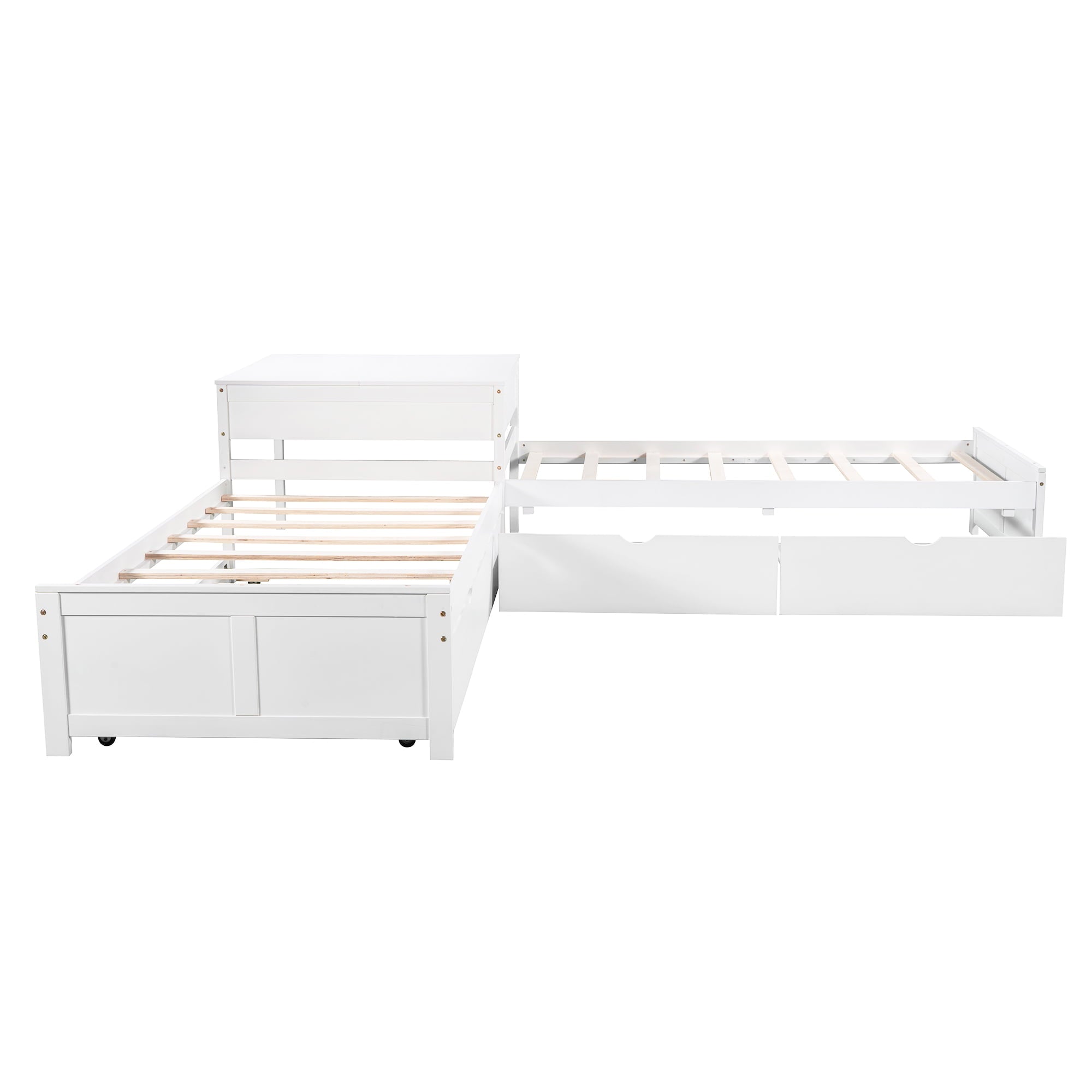 EUROCO Pine Wood L-Shaped Twin Platform Bed for Kids, White