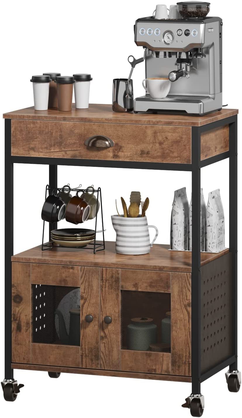 Kitchen Bakers Rack， Industrial Microwave Oven Stand with Shelf， Coffee Bar Cart Kitchen Island on Wheels with Storage， Rustic Brown