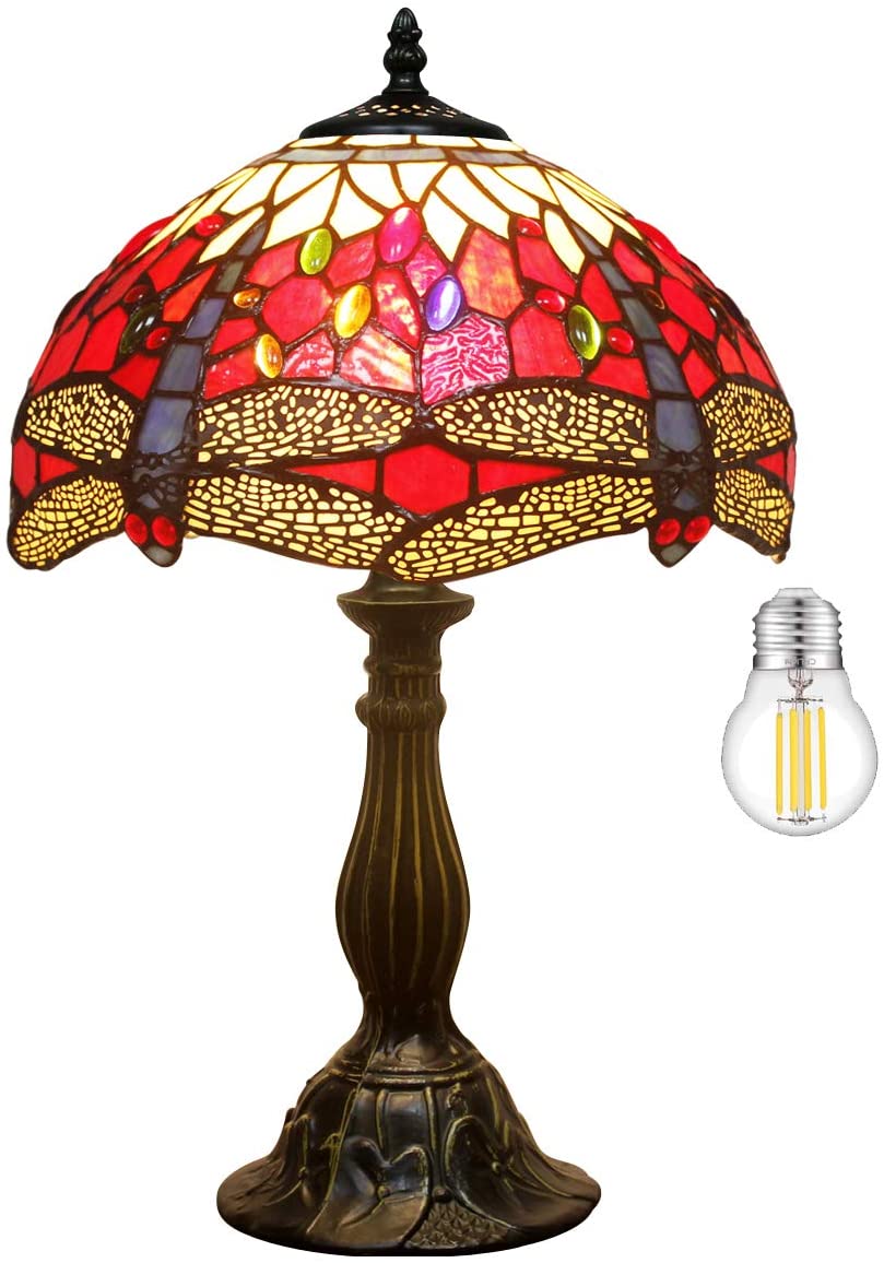 SHADY  Table Lamp Red Yellow Stained Glass Dragonfly Style Bedside Lamp Desk Reading Light 12X12X18 Inches Decor Bedroom Living Room Home Office S328 Series