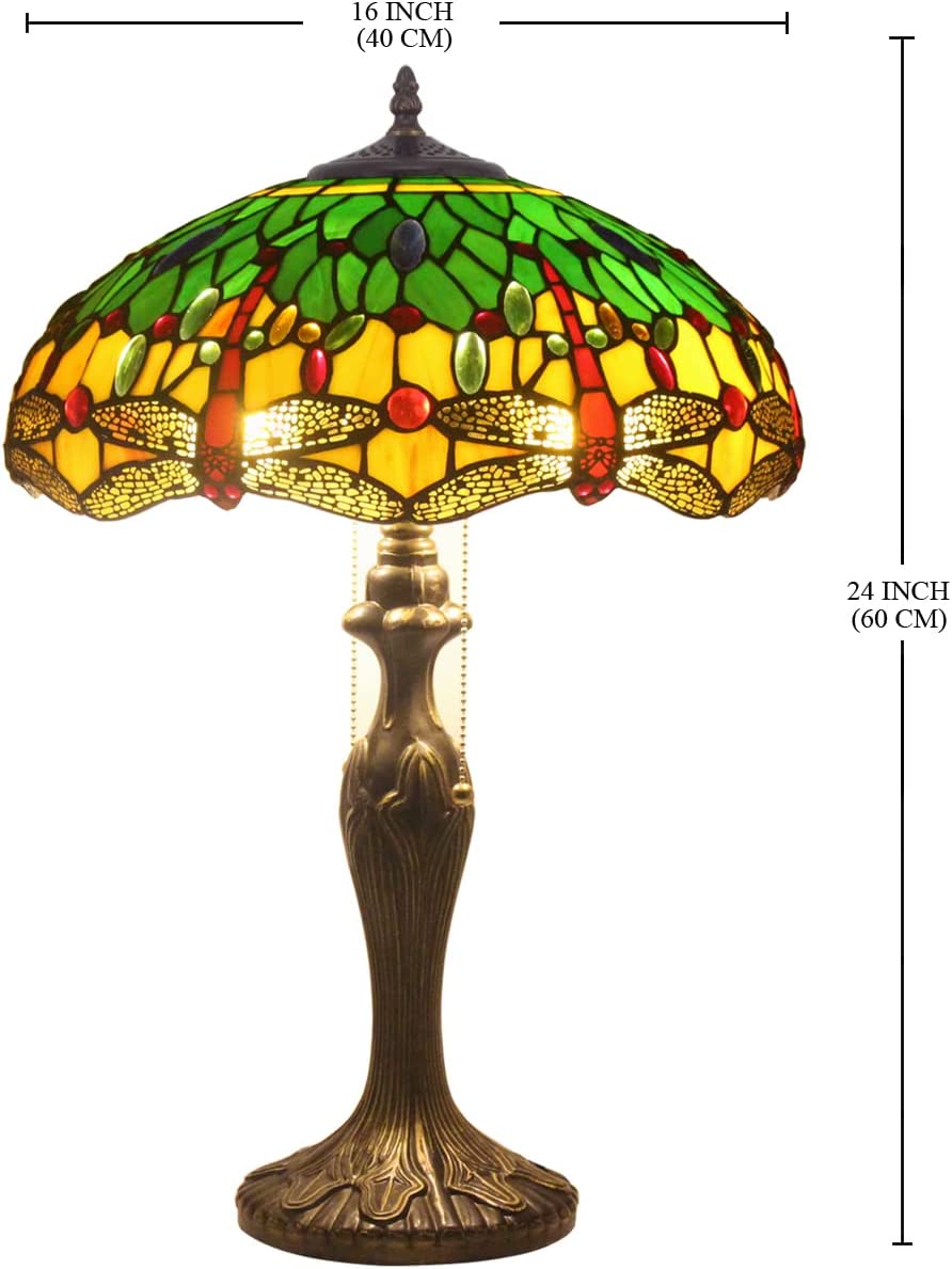  Lamp Stained Glass Bedside Table Lamp Green Yellow Dragonfly 16X16X24 Inches Desk Reading Light Metal Base Decor Bedroom Living Room Home Office S009G Series