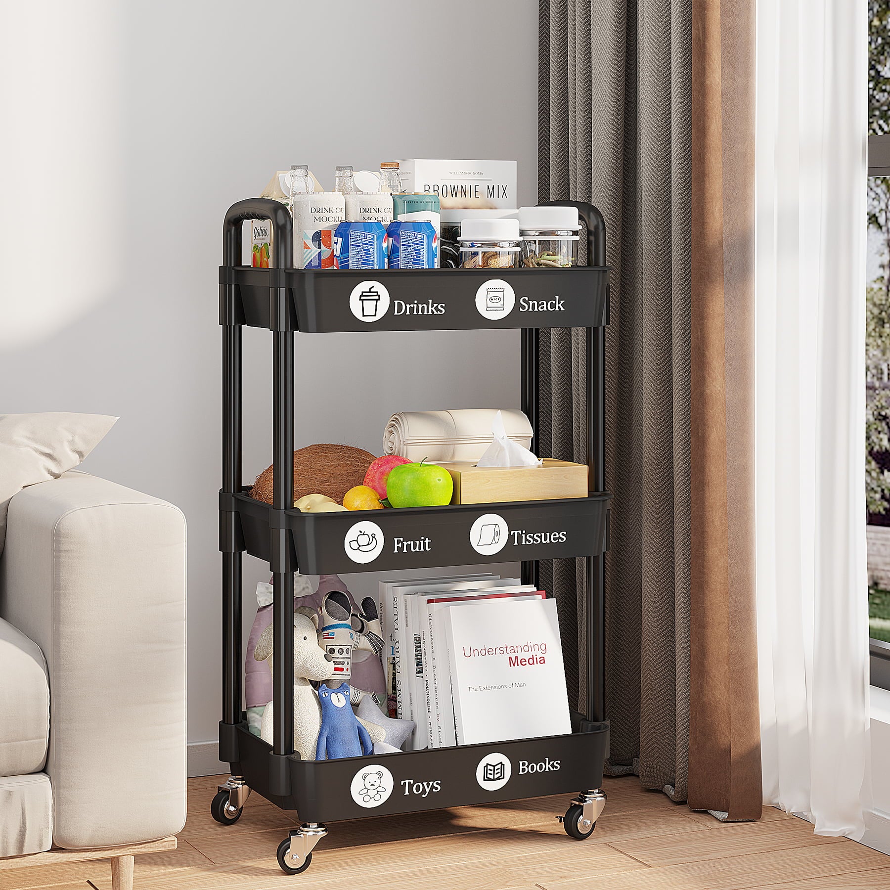 UDEAR 3-Tier Rolling Utility Cart with 12 Category Labels，Multifunctional Storage Shelves with Handle and Lockable Wheels for Room，Office，Kitchen，Bathroom，Black
