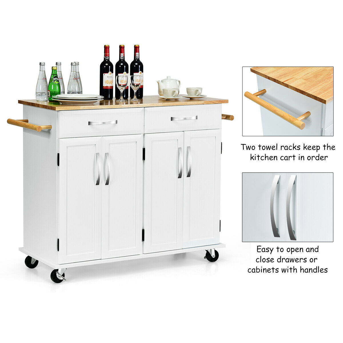 Costway Kitchen Trolley Island Utility Cart Wood Top Rolling Storage Cabinet Drawers White