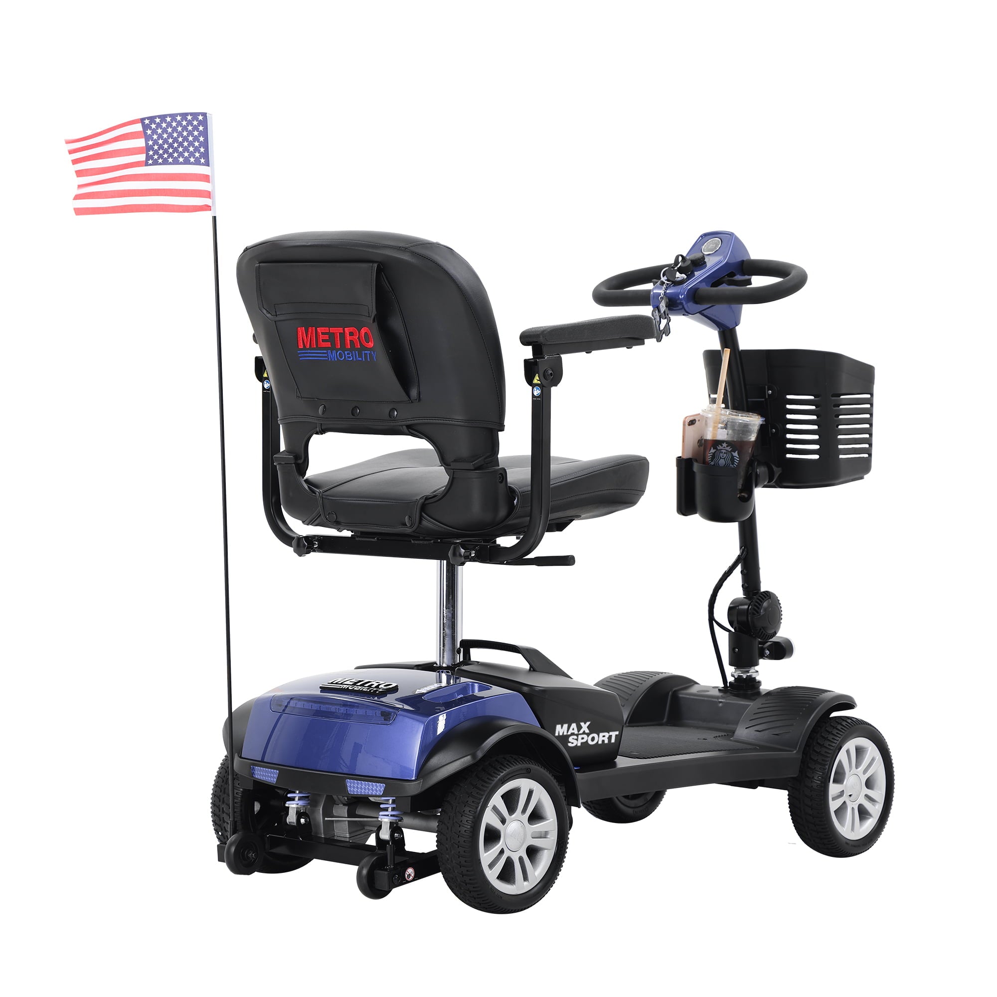 Tomshoo SPORT BLUE 4 Wheels Outdoor Compact Mobility Scooter with 2 in 1 Cup & Phone Holder