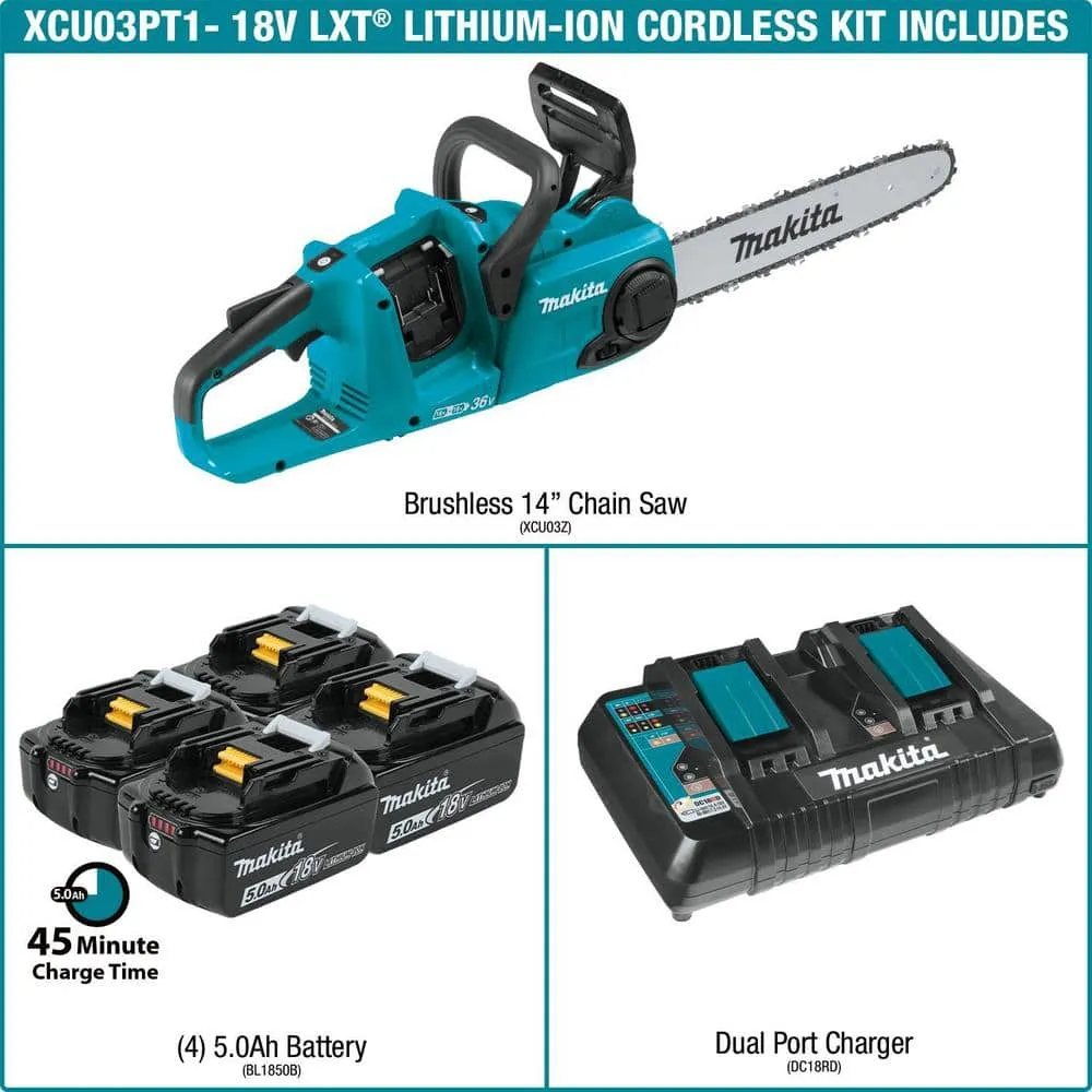 Makita 14 in. 18-Volt X2 (36-Volt) LXT Lithium-Ion Brushless Battery Chain Saw Kit with Four 5.0 Ah Batteries and Charger XCU03PT1