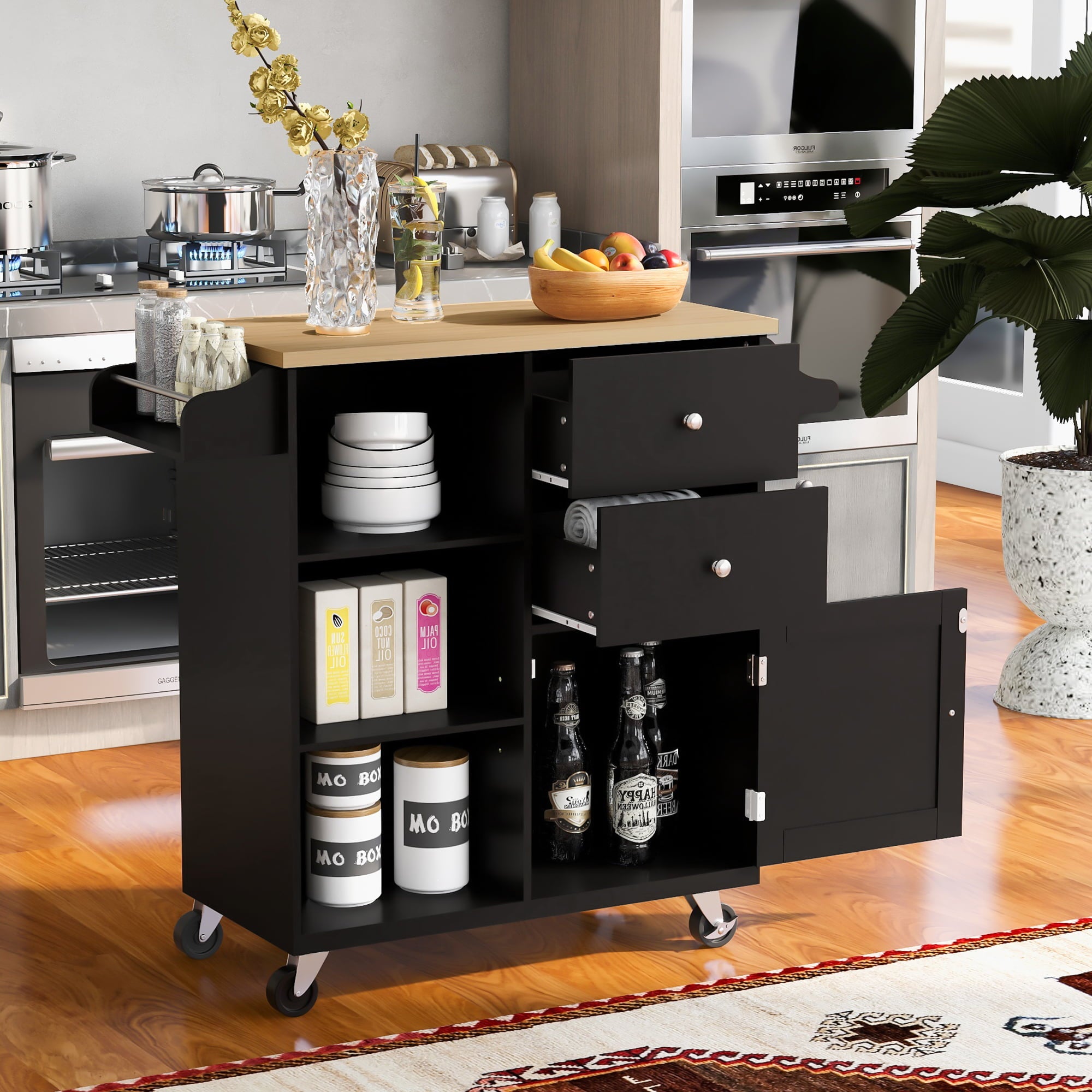 Kitchen Cart with Wheels， HSUNNS Wood Top Kitchen Island Cart with Storage Drawers|Open Shelves|Spice Rack|Towel Rack， Rolling Kitchen Cabinet Trolley Cart， Black
