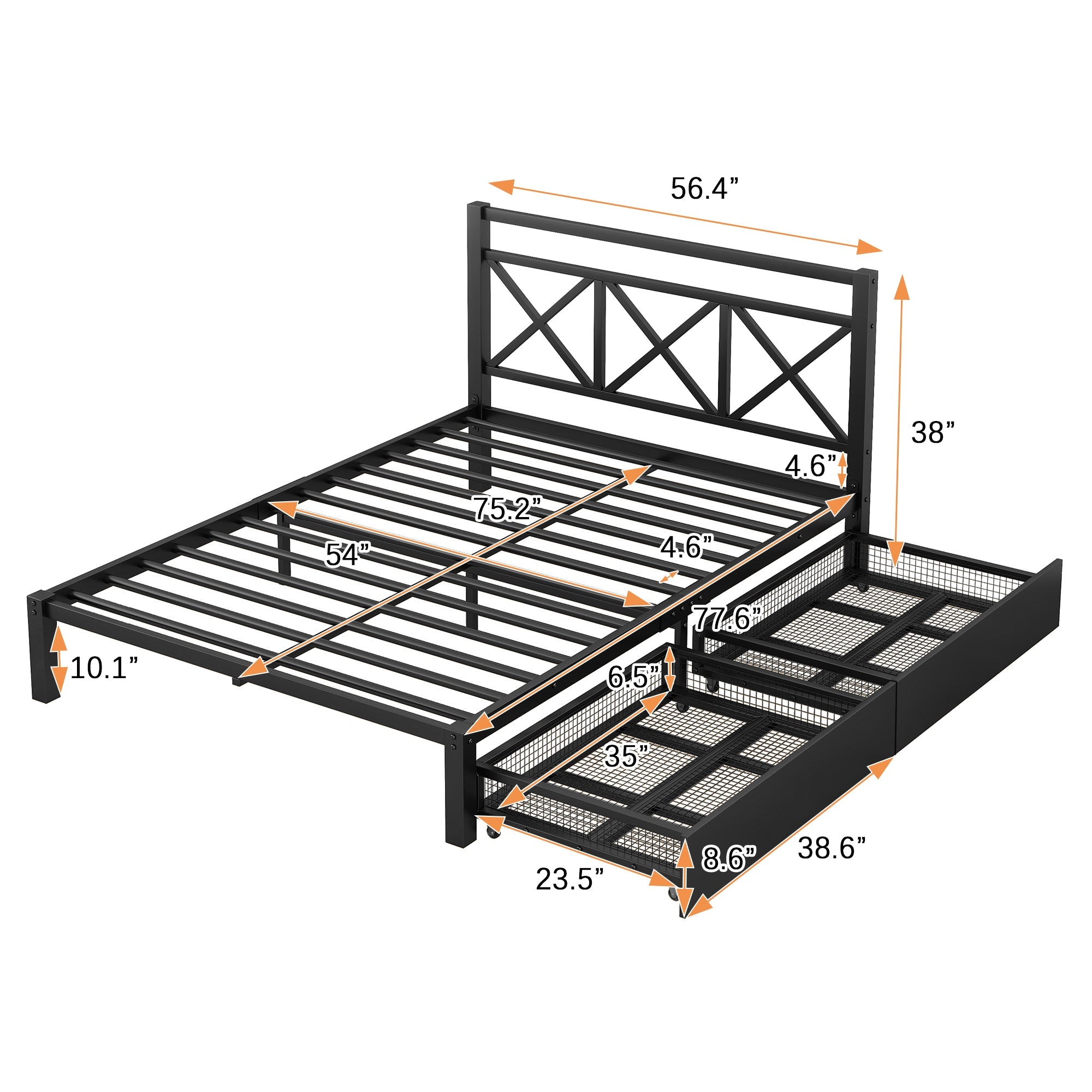 Metal Full Size Platform Bed with Two Drawers for Kids Room, Black