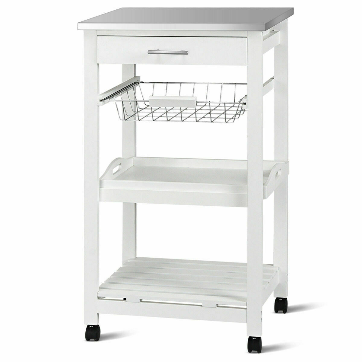 Costway Rolling Kitchen Trolley Cart Steel White Top Removable Tray W/Storage Basket andDrawers