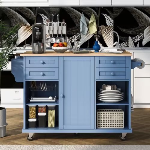 Kitchen Island Cart with 4 Storage Drawers， Rolling Mobile Kitchen Island Table with Spice Rack， Towel Rack， Rubber Wood Desktop， 5 Wheels Including 4 Lockable Wheels， 52.8in Width， Blue