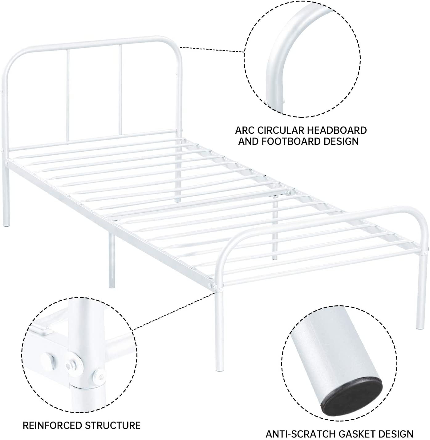 Voilamart Twin Metal Bed Frame with Headboard and Footboard, Single 6 Legs Platform Mattress Foundation for Kids Adult, No Box Springs Need, White