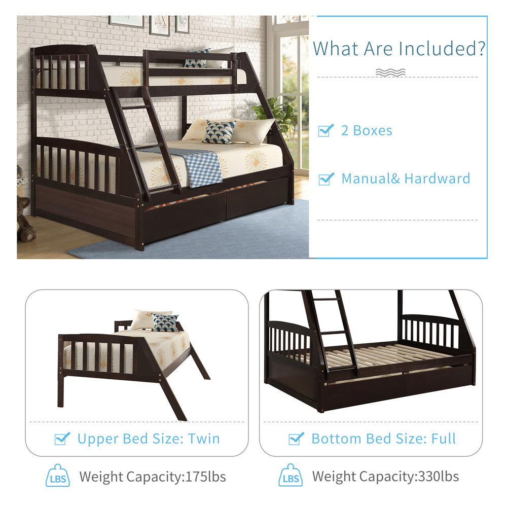 Twin Over Full Bunk Bed with Two Storage Drawers, Pine Wood Bed Frame and Ladder with Guard Rails for Toddlers, Kids, Teens, Boys and Girls, Brown