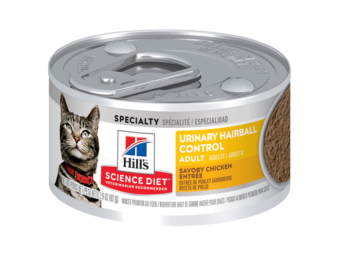 Hills Science Diet Adult Urinary  Hairball Control Canned Cat Food， Savory Chicken， 2.9 oz.