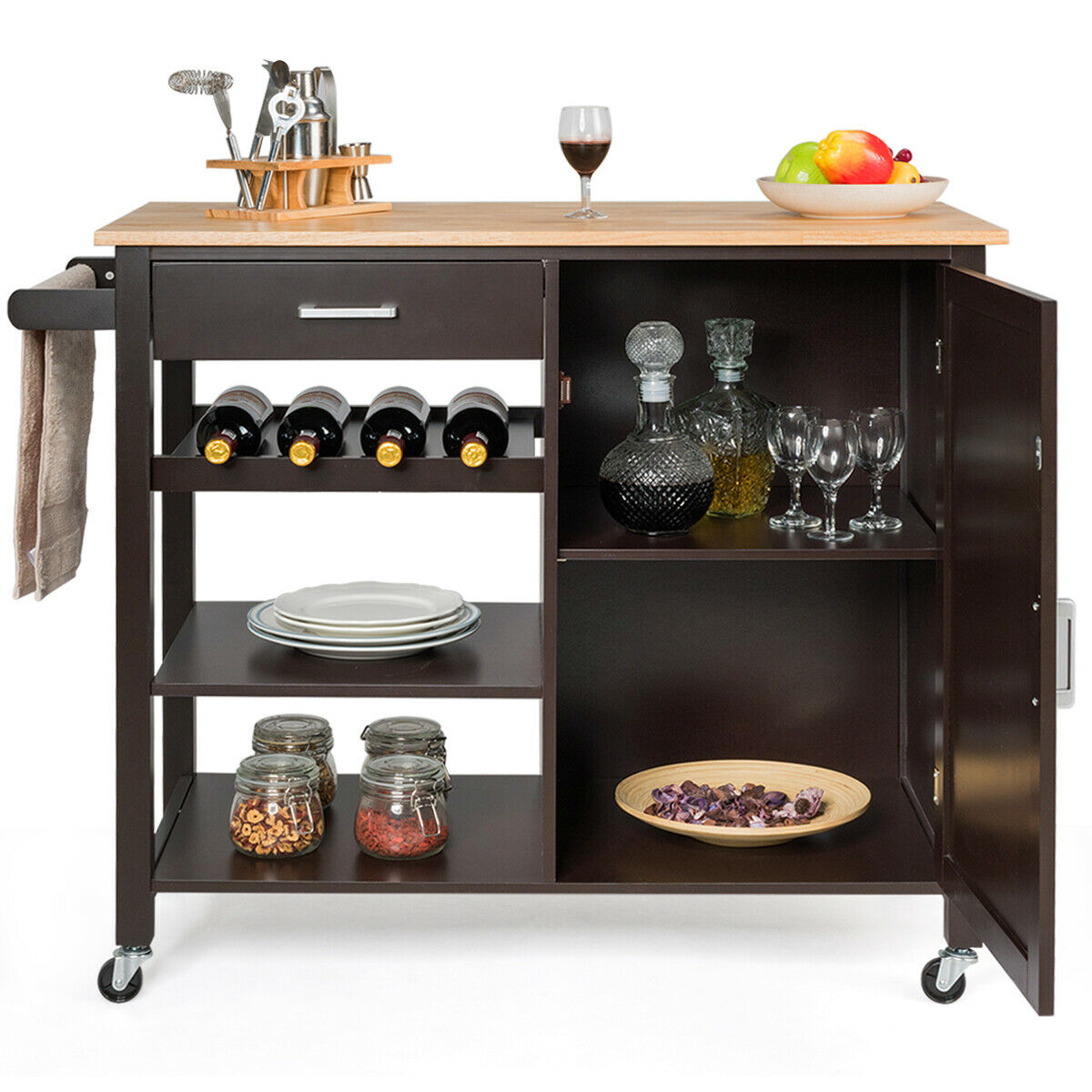 Gymax 4-Tier Wood Kitchen Island Trolley Cart Storage Cabinet w/ Wine Rack and Drawer