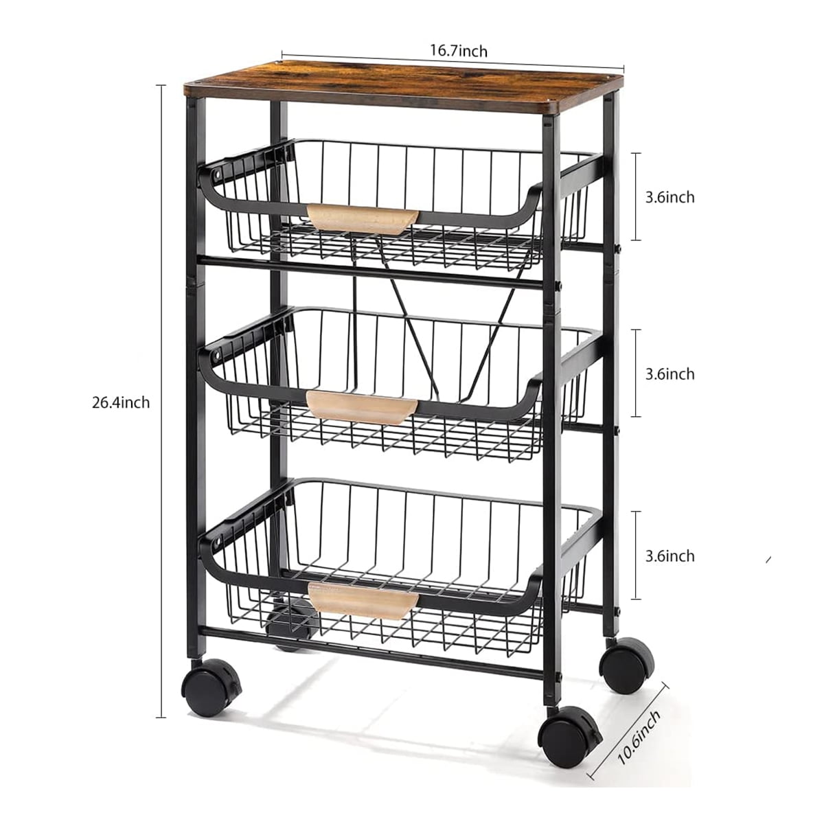 Werseon Kitchen Storage Rolling Cart， Kitchen Cart with Lockable Wheels， 4 Tier Metal Wire Basket Shelf Rolling Storage Cart， Black