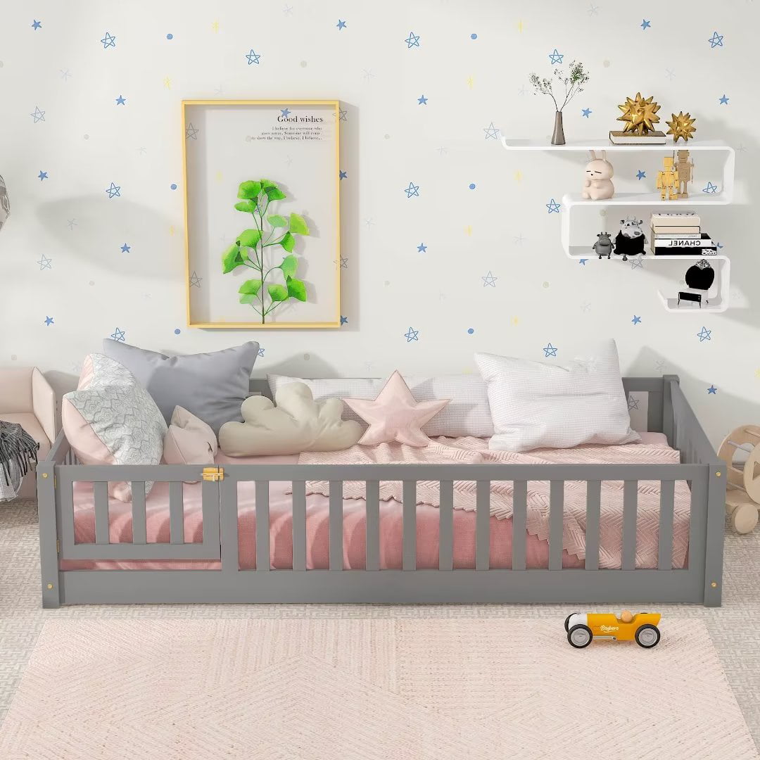 Twin Size Floor Bed for Kids, Wood Twin Montessori Bed Frame with Fence Guardrails and & Support Slats, Twin Playhouse Bed with Door Design, Kids Fence Bed Playpen Bed for Toddler, Boys ,Girls, Gray