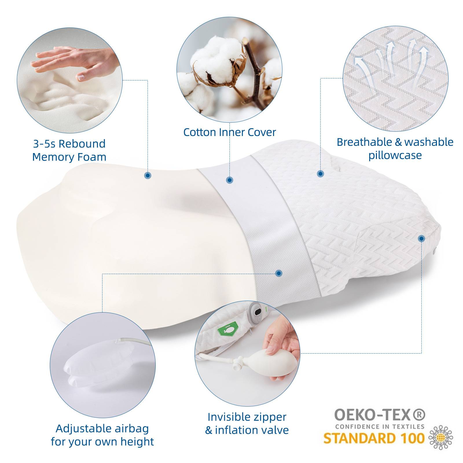 WSBArt Air Bag Adjustable Height Cervical Memory Foam Pillow, Odorless Neck Pillows for Pain Relief, Orthopedic Contour Pillows for Sleeping, Ergonomic Pillow for Side, Back and Stomach Sleepers