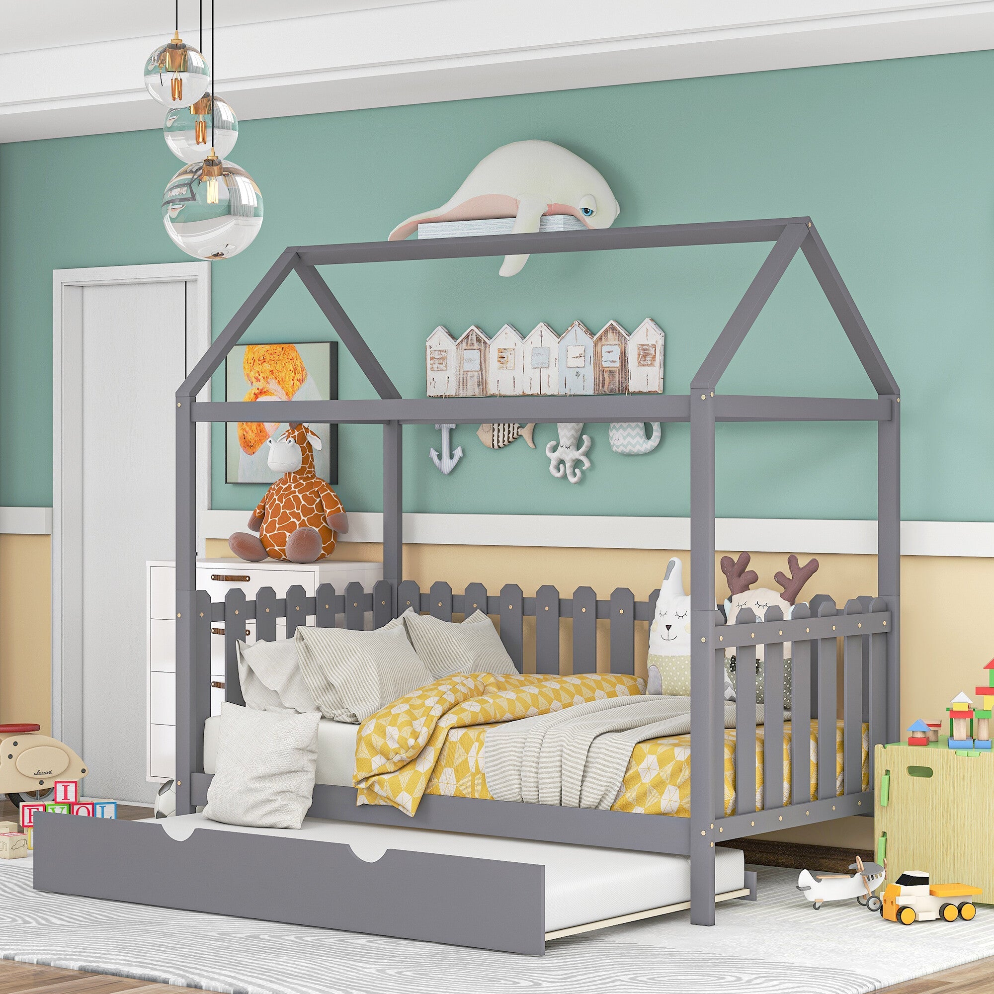 OVERDRIVE Twin Size House Bed Toddler for Kids Wood Frame with Trundle, Fence-Shaped Guardrail, Gray