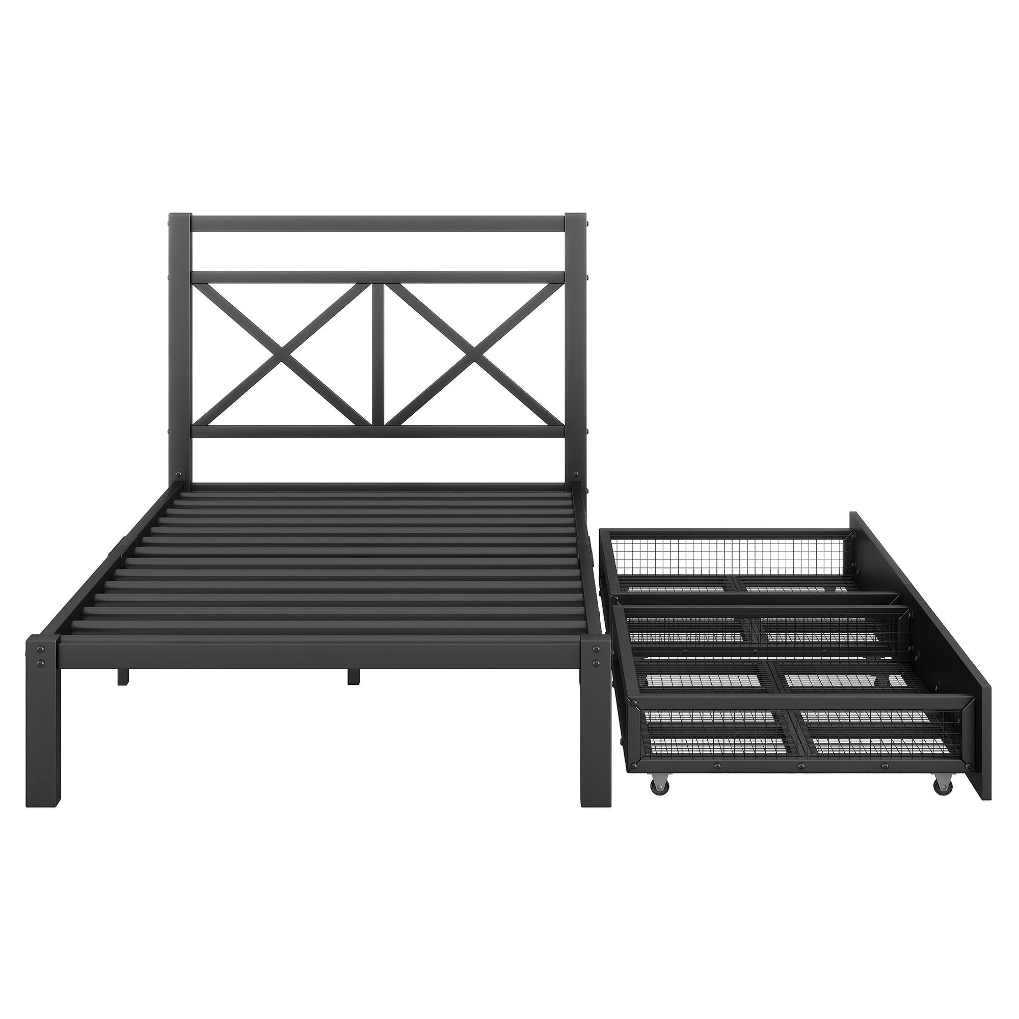Metal Twin Size Platform Bed with Two Drawers for Kids Room, Black