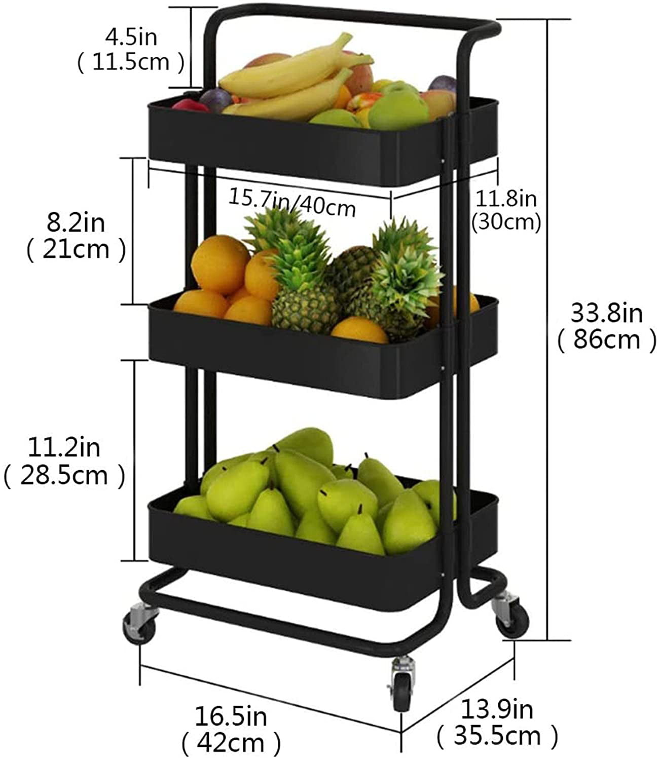 SKONYON 3-Tier Kitchen Utility Cart with Handle and Lockable Wheels， Black