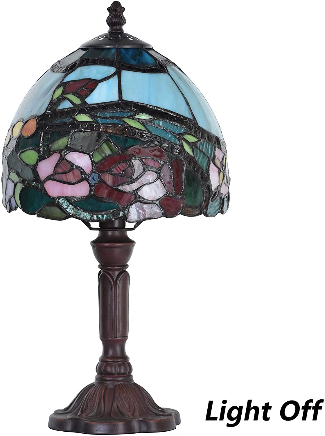SHADY L10736 Rose Flower  Style Stained Glass Table Lamp with 8-inch Wide Lampshade  15-inch Tall  Red
