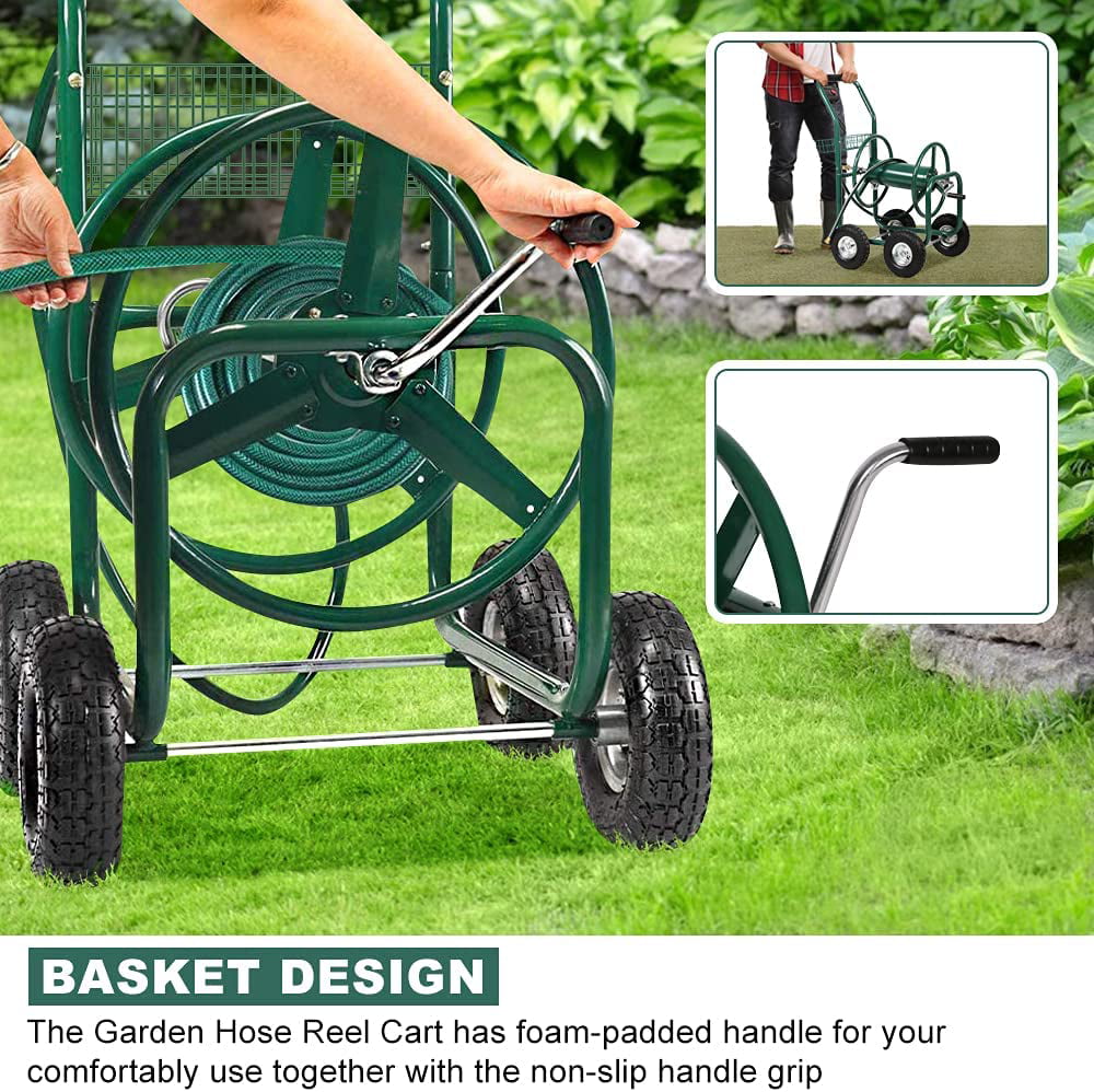 NiamVelo Garden Hose Reel Cart with Wheels， Water Hose Reel Cart Heavy Duty Hose Reel Holds 300-feet of 5/8-inch Hose Metal Hose Reels for Outdoor Yard Lawn with Storage Basket， Green