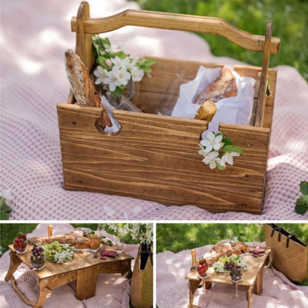 ZXCVWWE Wooden Folding Table Picnic with Basket 2 in 1 Outdoor Portable Folding Wooden Camping For Outdoor Gathering Fishing Table F6J1