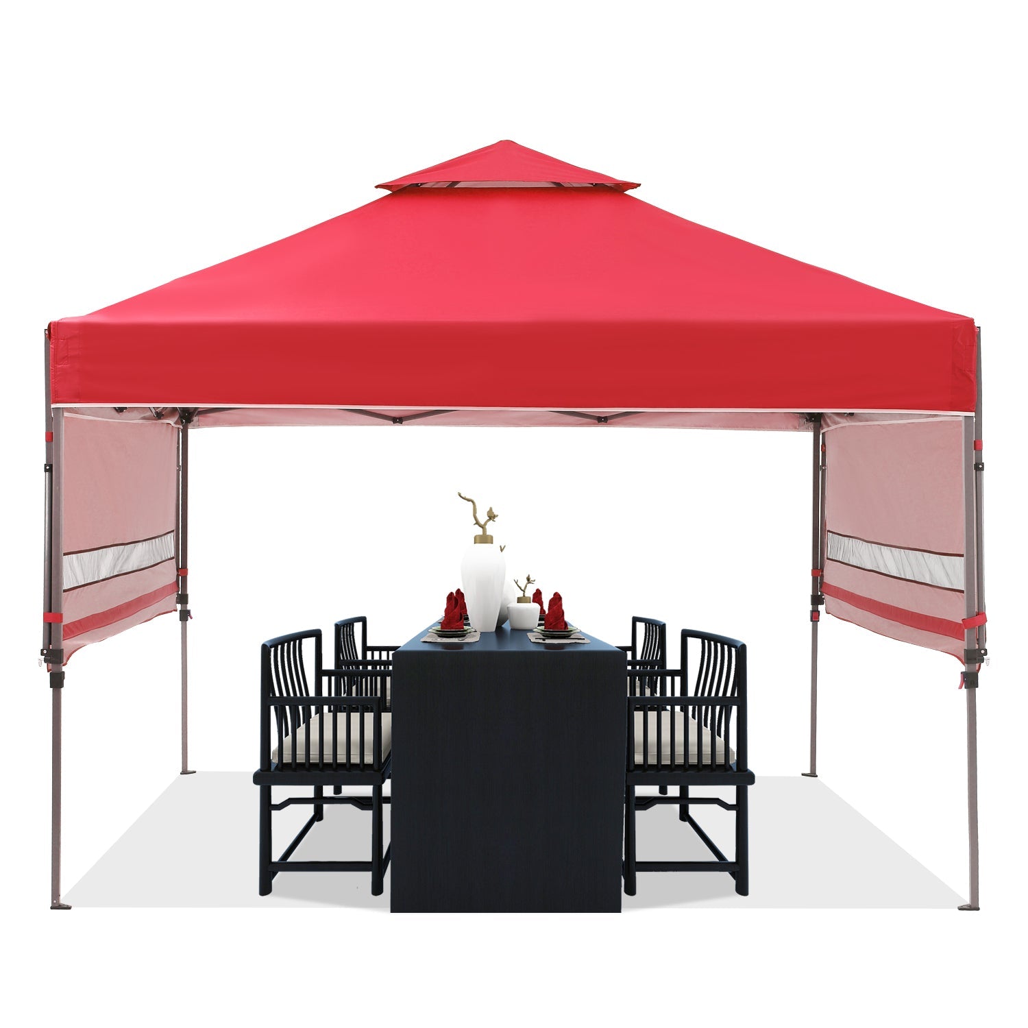 Outdoor Basic 10x17 Ft 2-Tier Pop Up Canopy Tent, Instant Canopy Shelter with Ventilation, Adjustable Dual Half Awnings and Wheeled Carrying Bag,Red