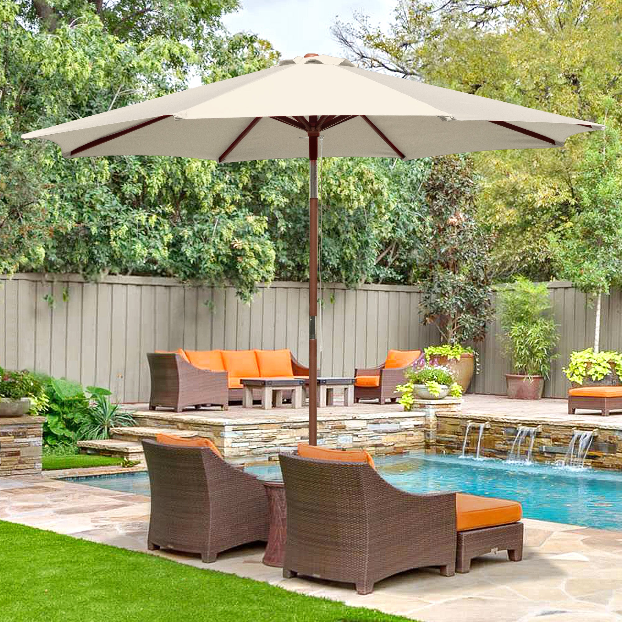 LAGarden 9 Ft Wooden Patio Umbrella 8 Ribs Easy Tilt Table Parasol Outdoor Backyard Pool