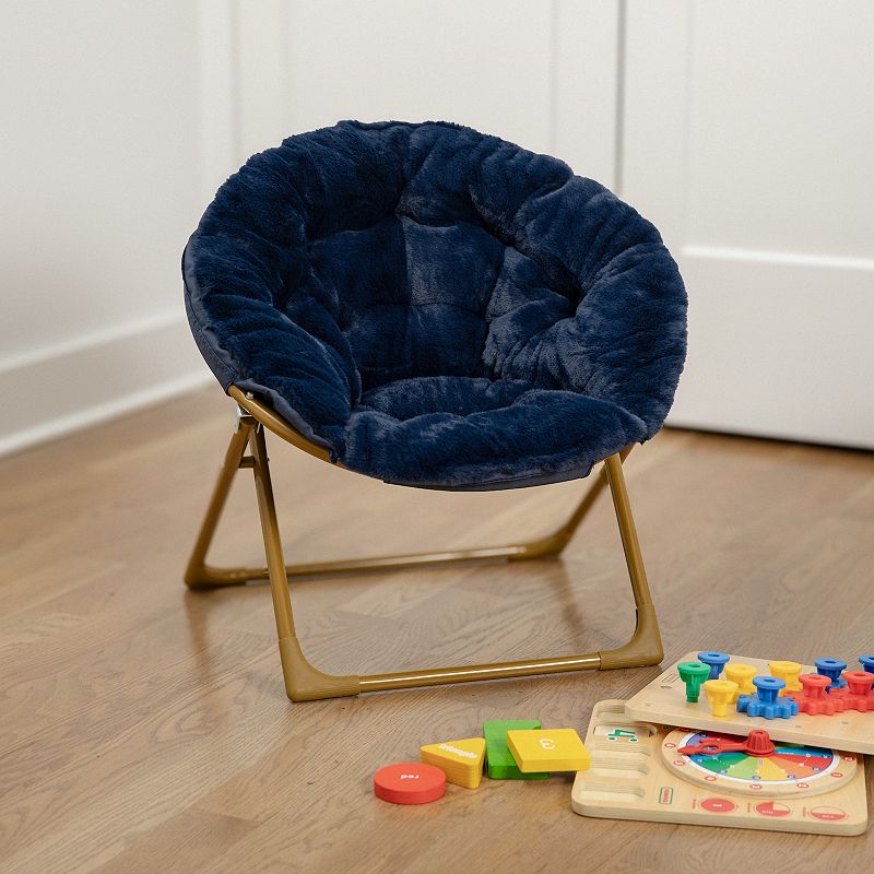 Emma And Oliver Io Kid's Folding Saucer Chair With Cozy Faux Fur Upholstery And Metal Frame