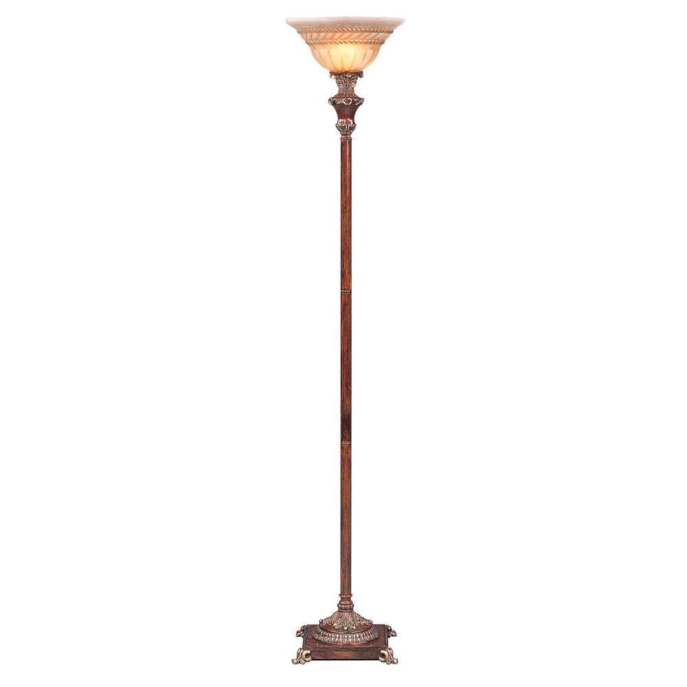 HomeRoots 431805 69 in. Faux Wood Torchiere Floor Lamp with Brown Stained Glass Bell Shade&#44; Brown