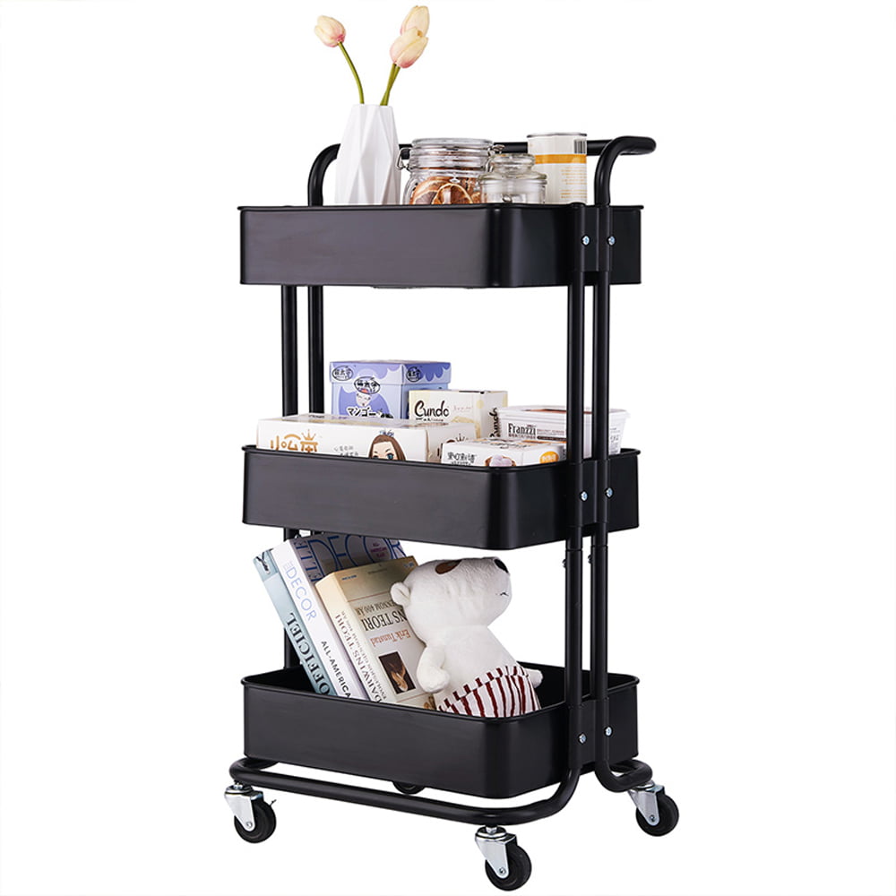 SKONYON 3-Tier Kitchen Utility Cart with Handle and Lockable Wheels， Black