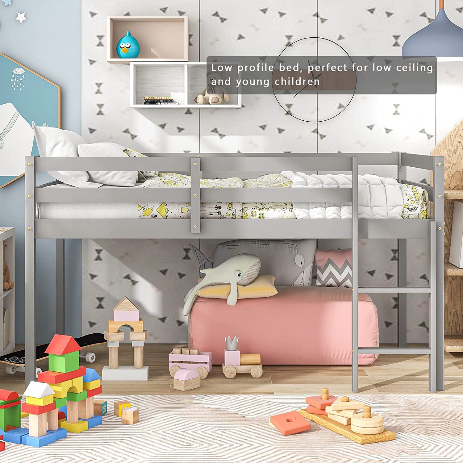 Twin Wood Loft Bed with Full-length Safety Rail and Ladder, Modern Twin Size Loft Bed Frame for Kids Teens Adult, Space Saving Bedroom Low Loft Bed, No Box Spring Needed, Gray, J2319