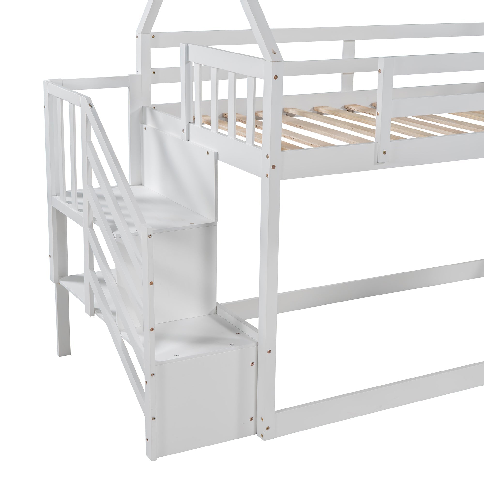 EUROCO Twin over Twin House Bunk Bed with Staircase for Kids Bedroom, White