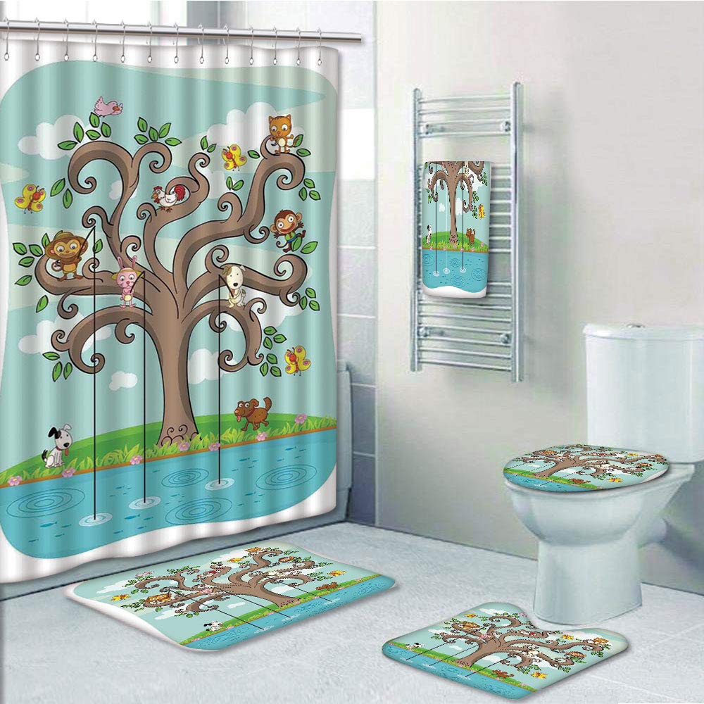 PRTAU Kids Tree of Life Cartoon Monkey Doggy Bunny Bee Kitten Roosterken Birds Fishing 5 Piece Bathroom Set Shower Curtain Bath Towel Bath Rug Contour Mat and Toilet Lid Cover