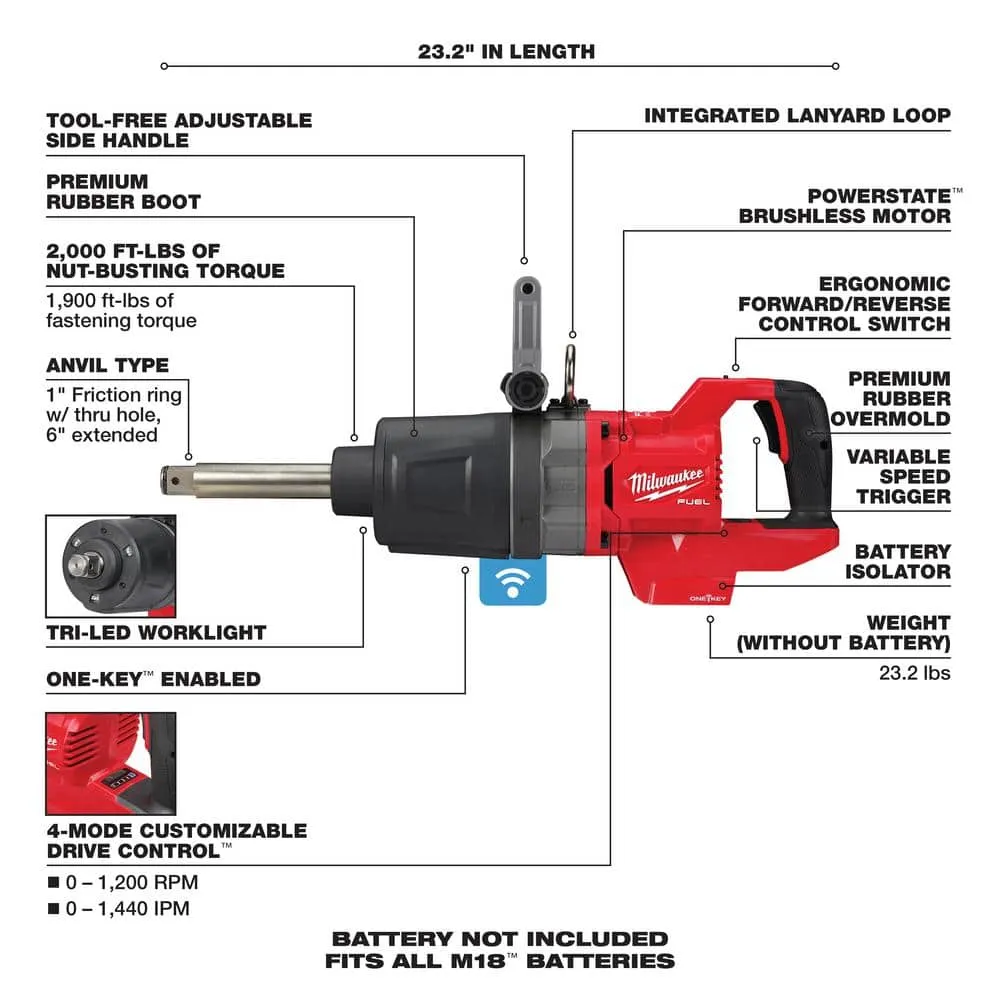 Milwaukee M18 FUEL 18V Lithium-Ion Brushless Cordless 1 in. Impact Wrench Extended Reach D-Handle (Tool-Only) 2869-20