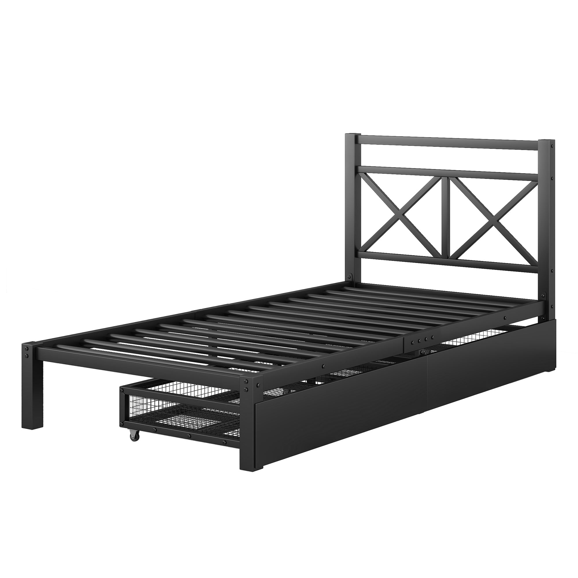 Metal Twin Size Platform Bed with Two Drawers for Kids Room, Black