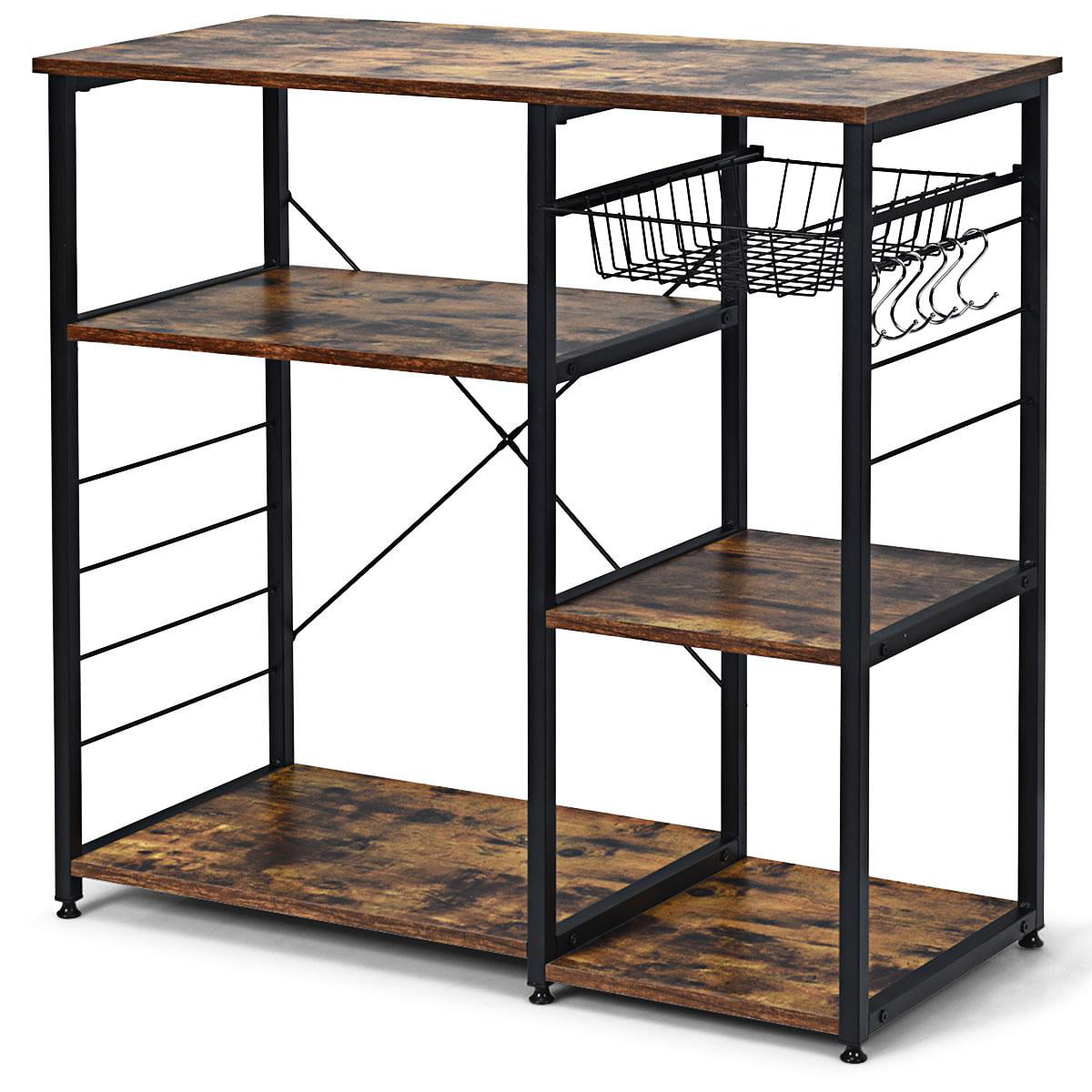 Giantex 3-Tier Kitchen Baker’s Rack， Utility Storage Shelf， Industrial Microwave Oven Stand Metal Frame w/Shelf， Wire Basket， Hooks， Coffee Bar Table Home Office， Brown