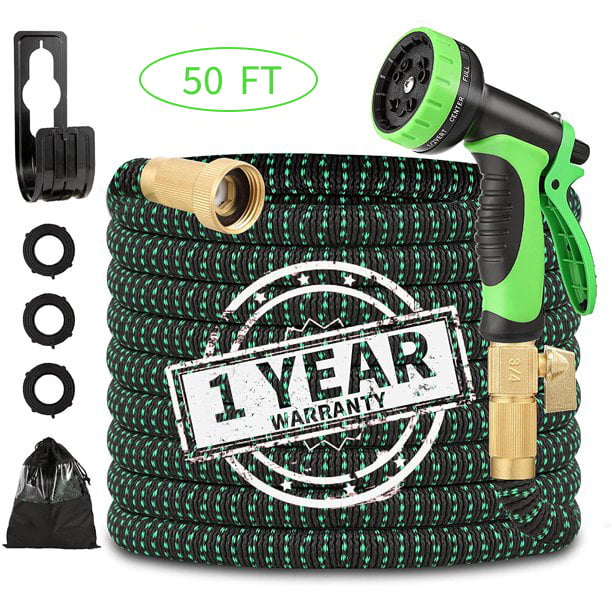 50 FT Flexible and Expandable Garden Hose - Strongest Triple Latex Core with 3/4" Solid Brass Fittings and 8 Function Spray Nozzle, Easy Storage Kink Free Water Hose