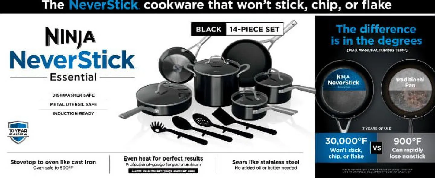Ninja Foodi NeverStick Essential 14-Piece Cookware Set， guaranteed to never stick