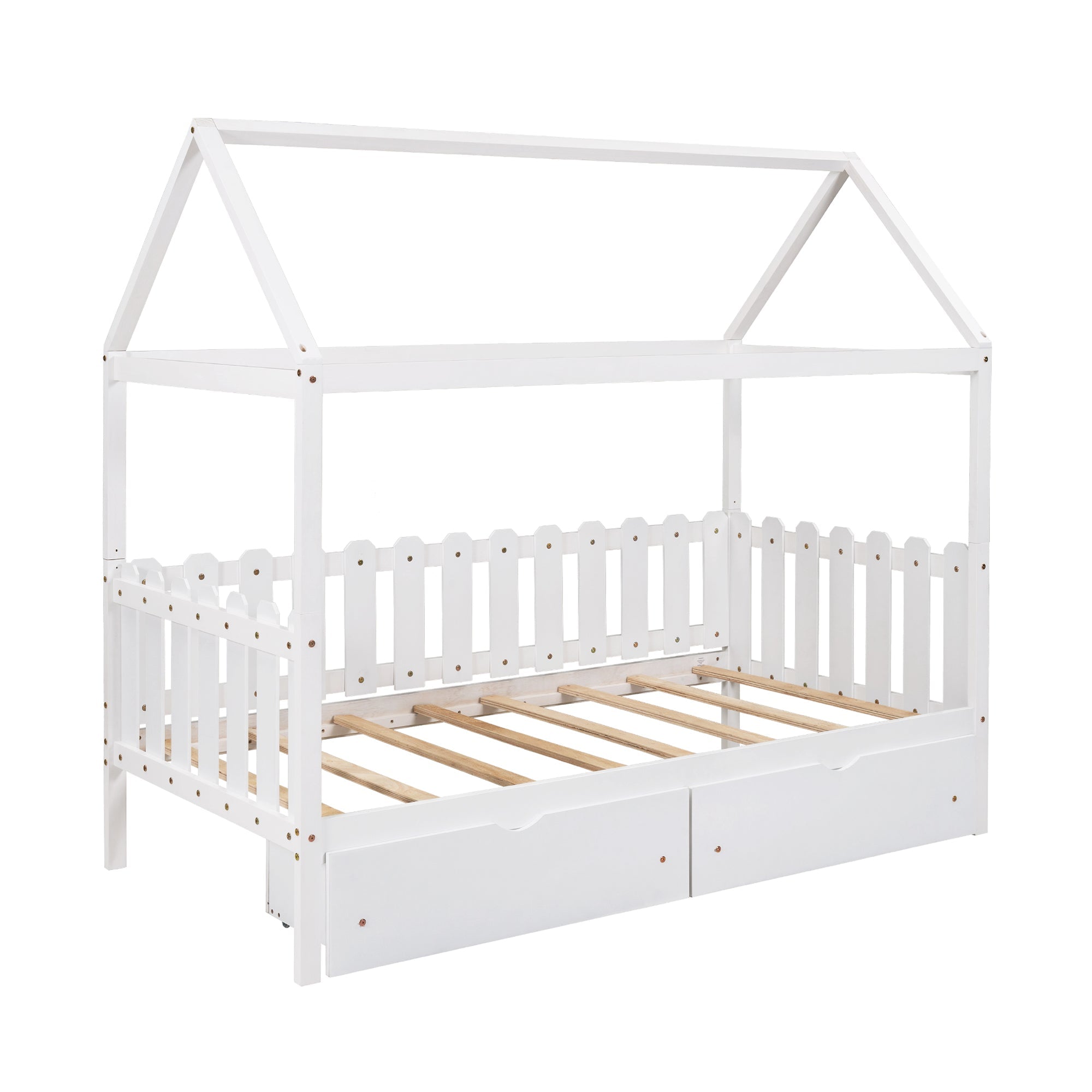 Euroco Twin Size Wood House-Shaped Bed with Drawers for Kids, White