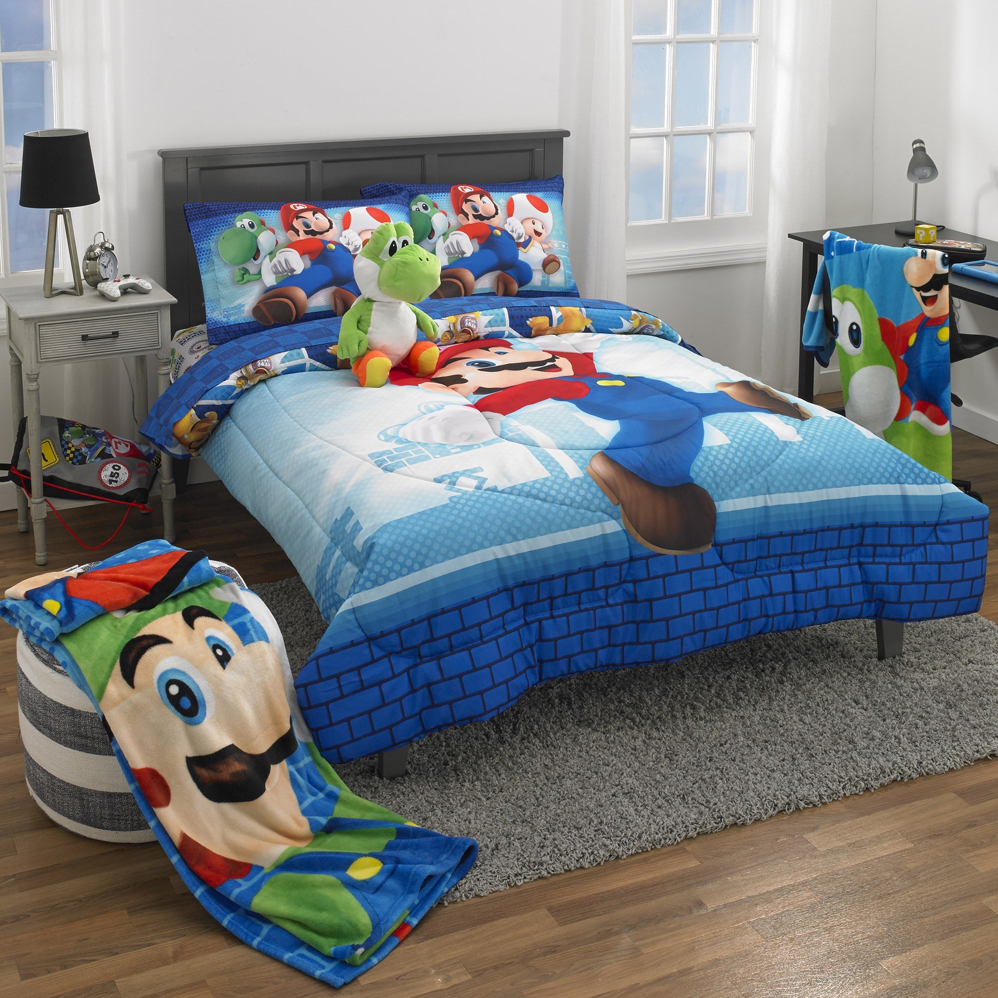 Super Mario Kids Full Bed in a Bag, Gaming Bedding, Comforter and Sheets, Blue, 