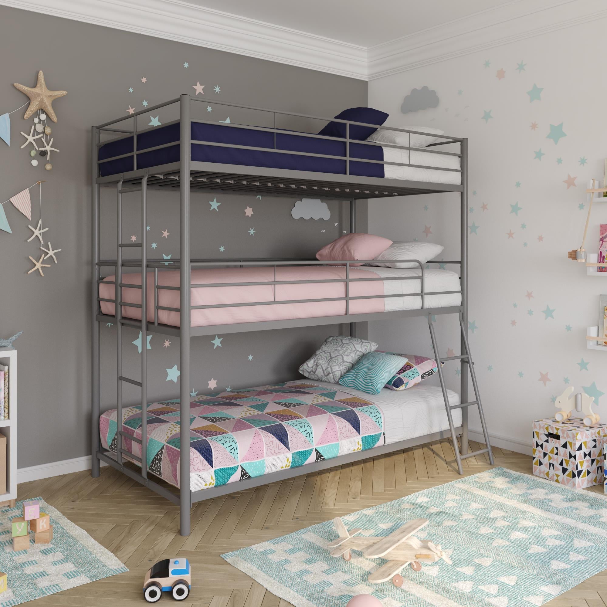 DHP Everleigh Triple Metal Bunk Bed, Twin/Twin/Twin, Bed for Kids, Silver
