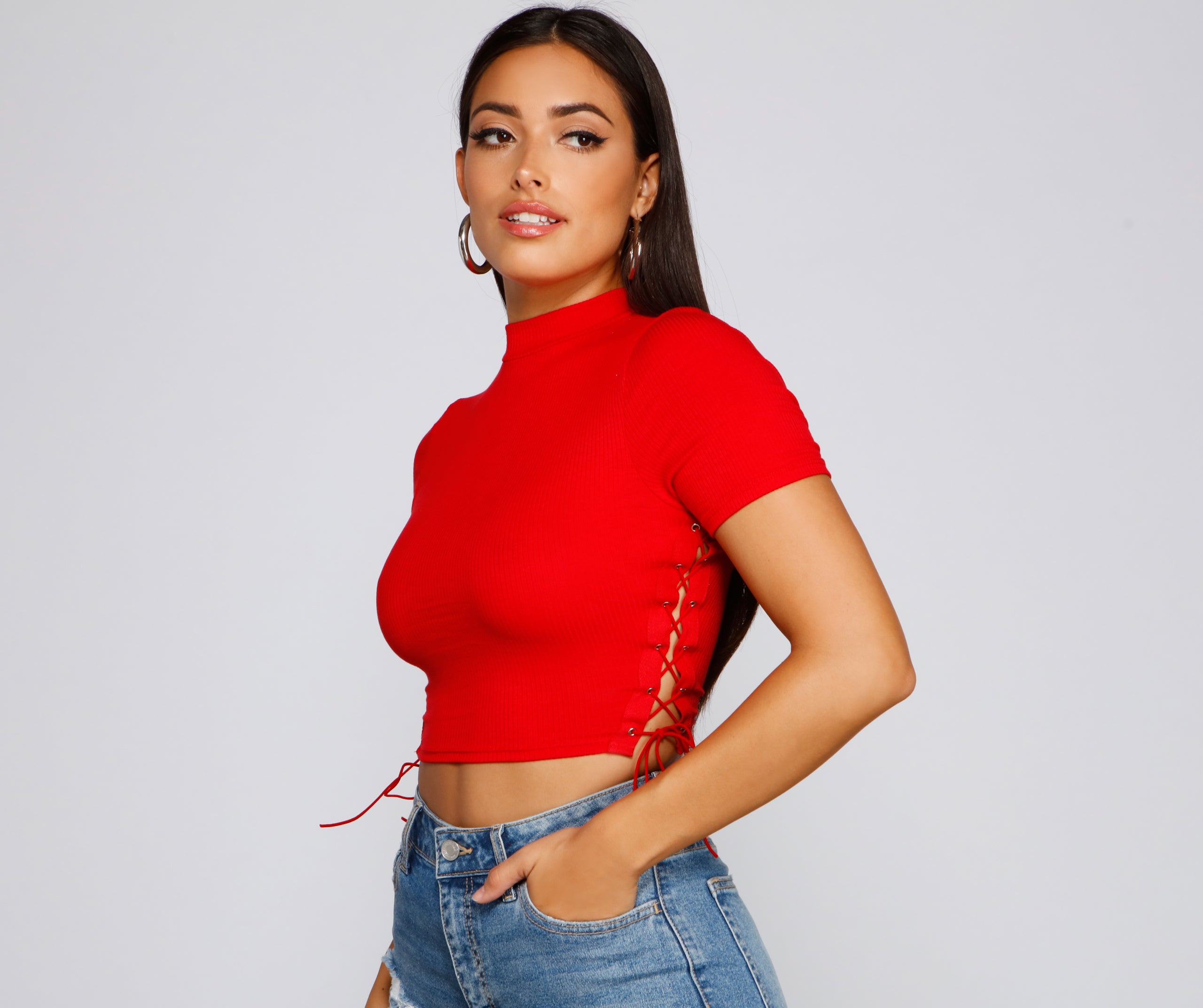Back To Basics Lace Up Ribbed Knit Top