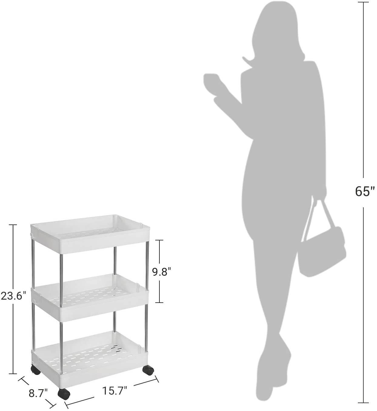 SONGMICS 3-Tier Rolling Cart， Storage Cart with Wheels， White