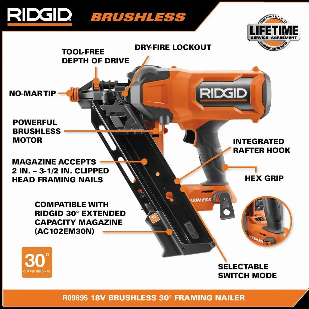 RIDGID 18V Brushless Cordless 30-Degree Framing Nailer Kit with 4.0 Ah Battery and Charger R09895KN
