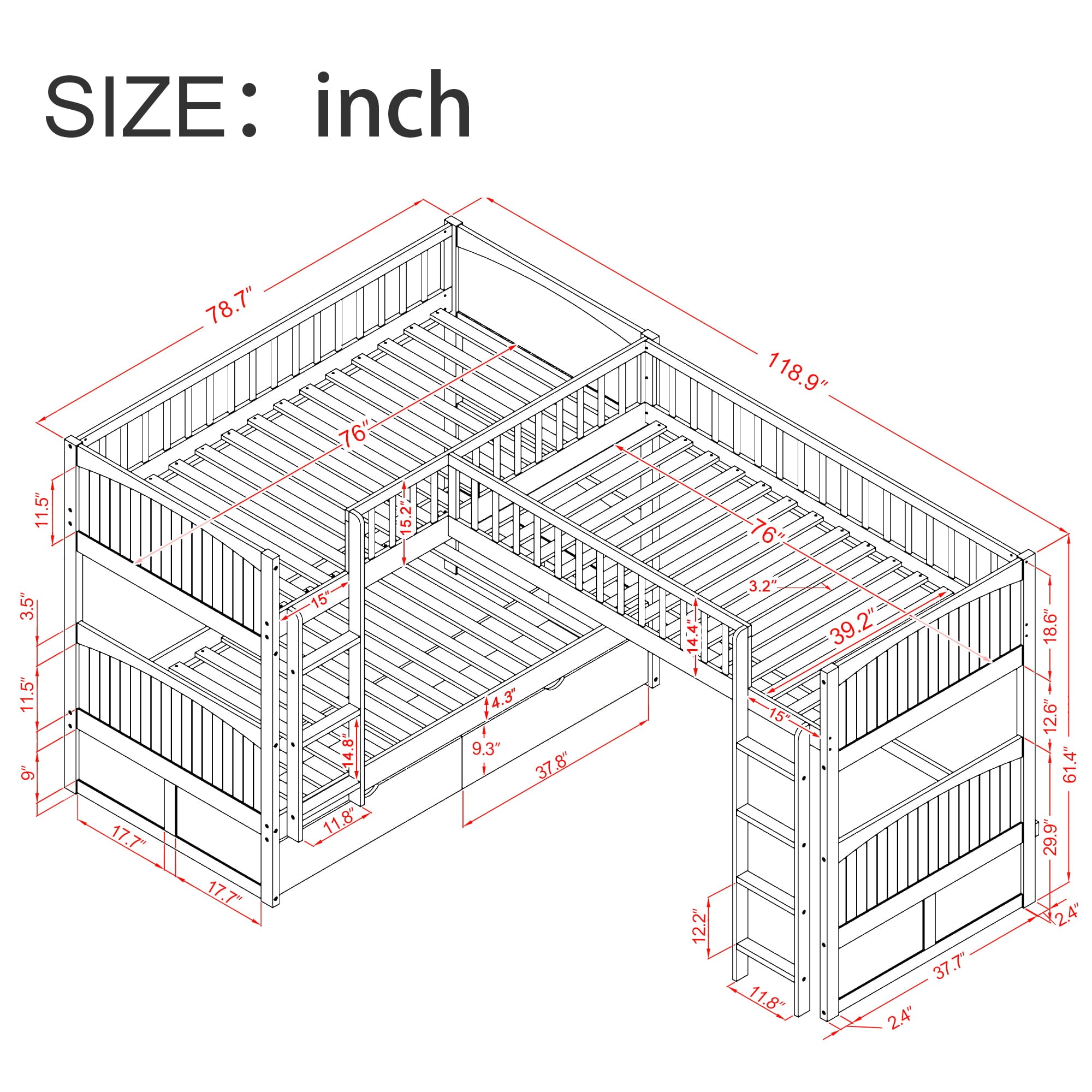 Euroco Wood Bunk Bed Storage, Twin-over-Twin-over-Twin for Children's Bedroom, White