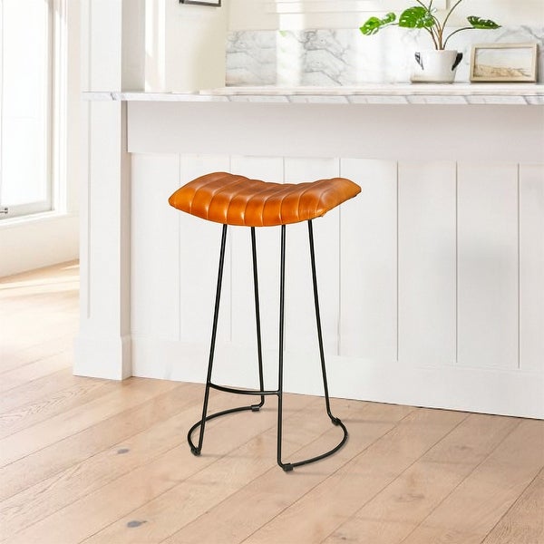 Tan Brown and Black Industrial Barstool with Curved Genuine Leather