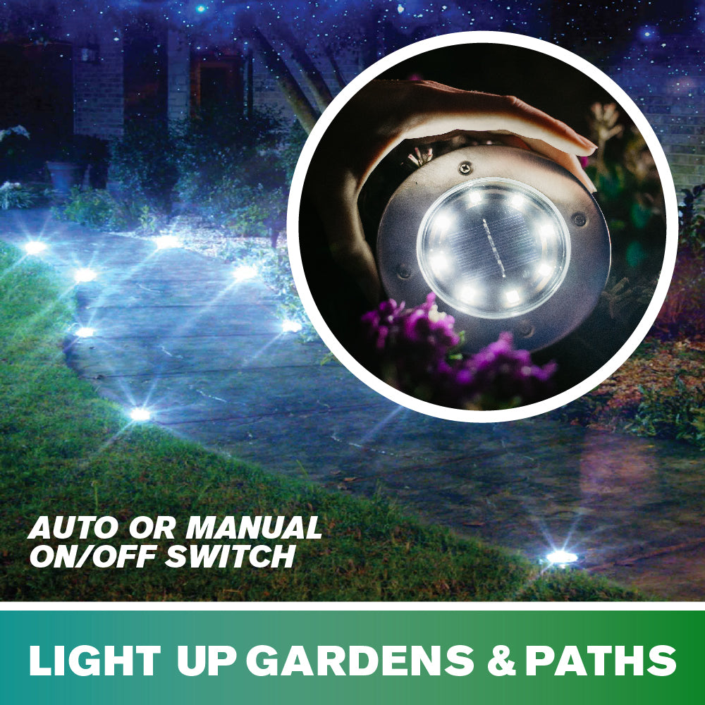 Bell + Howell Solar Powered Swivel Disk Lights， Outdoor Path Lights with 8 LED Bulbs， Stainless Steel 4 Pack
