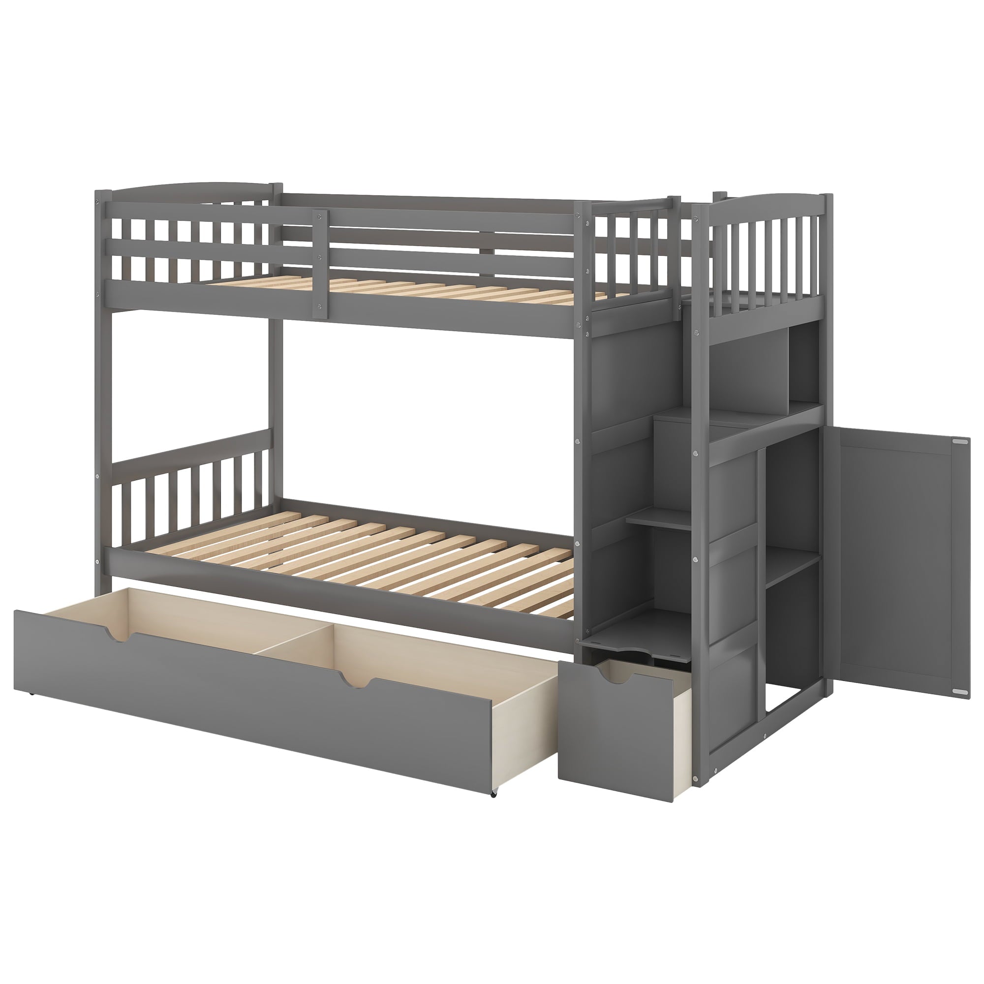 Euroco Twin over Twin/Full Bunk Bed for Kids Bedroom, Gray